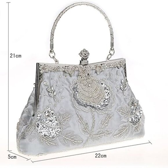 ELEOPTION Beaded Sequin Design Metal Frame Kissing Lock Satin Interior Party Bag - Picture 4 of 9